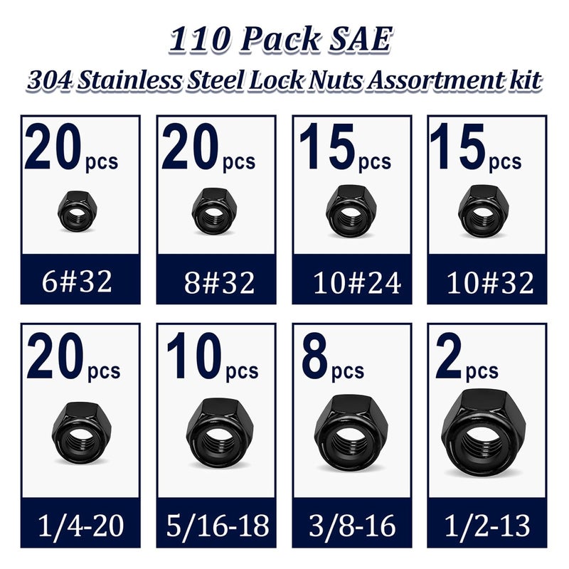 ZQZ 110 Pack Black SAE Nylon Insert Locknuts Assortment Kit, 6#32 8#32 10#24 10#32 1/4"-20 5/16"-18 3/8"-16 1/2"-13 Nylock Nuts Set, 304 Stainless Steel Standard Inch Threaded Black Lock Nuts - Image 2